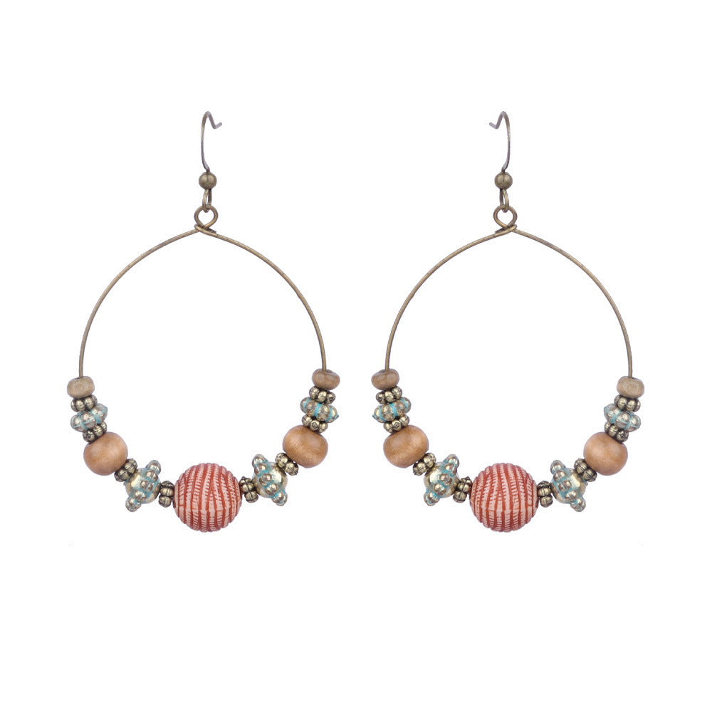 Wholesale Vintage Geometric Round Wooden Beads Tassel Earrings